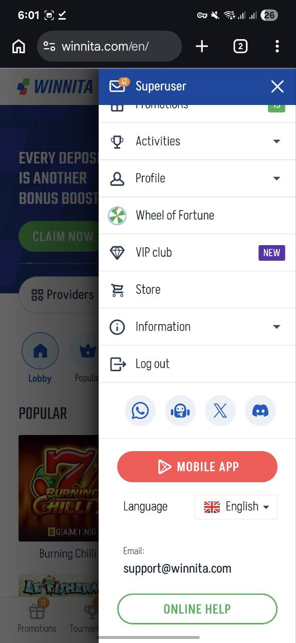Il menu App mobile