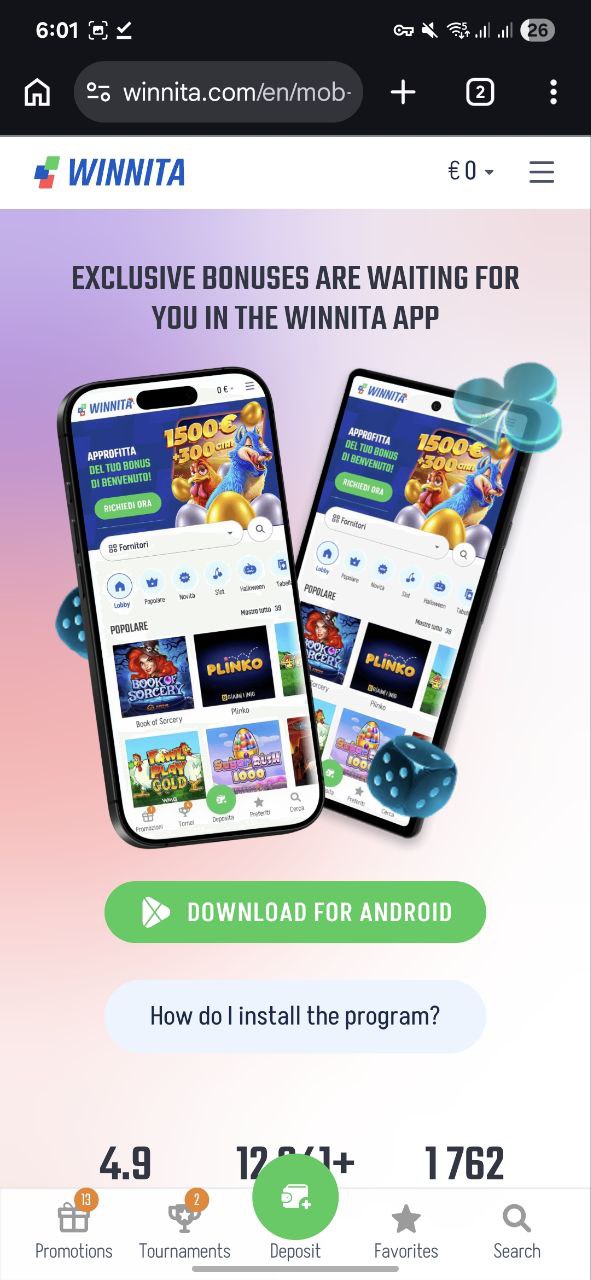 La pagina di download Android