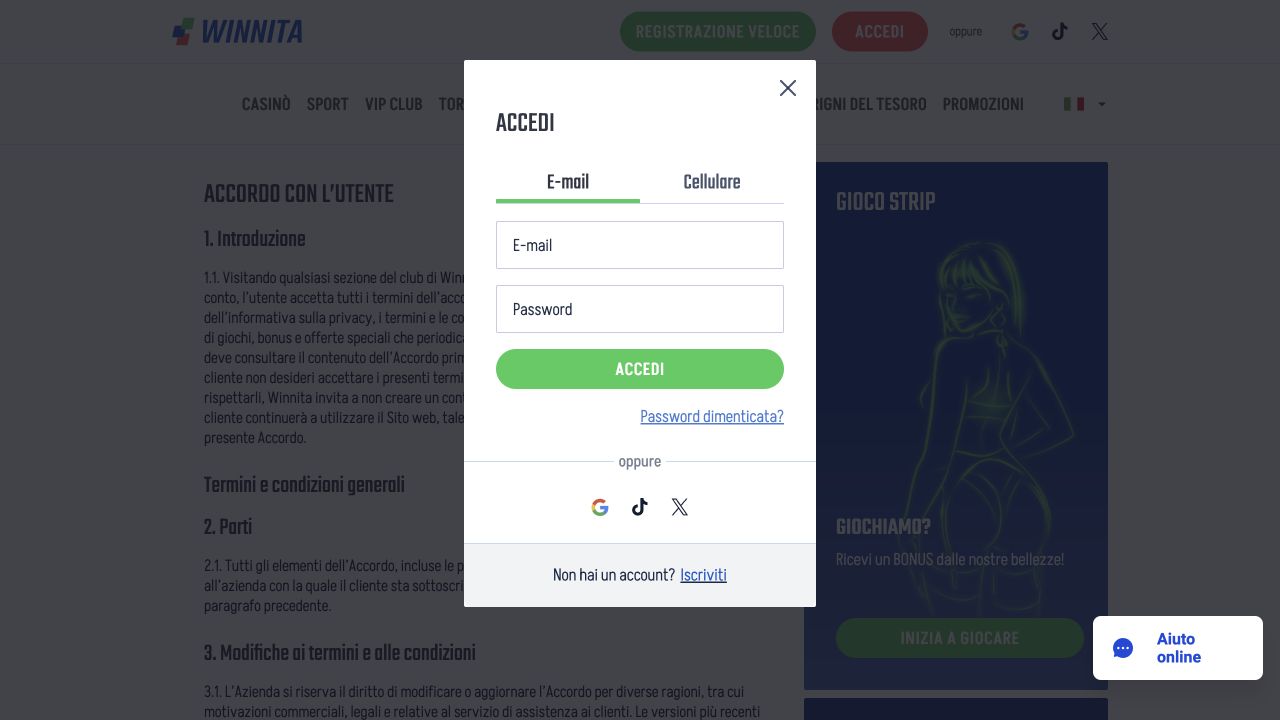 Finestra Accedi Winnita con schede E-mail e Cellulare