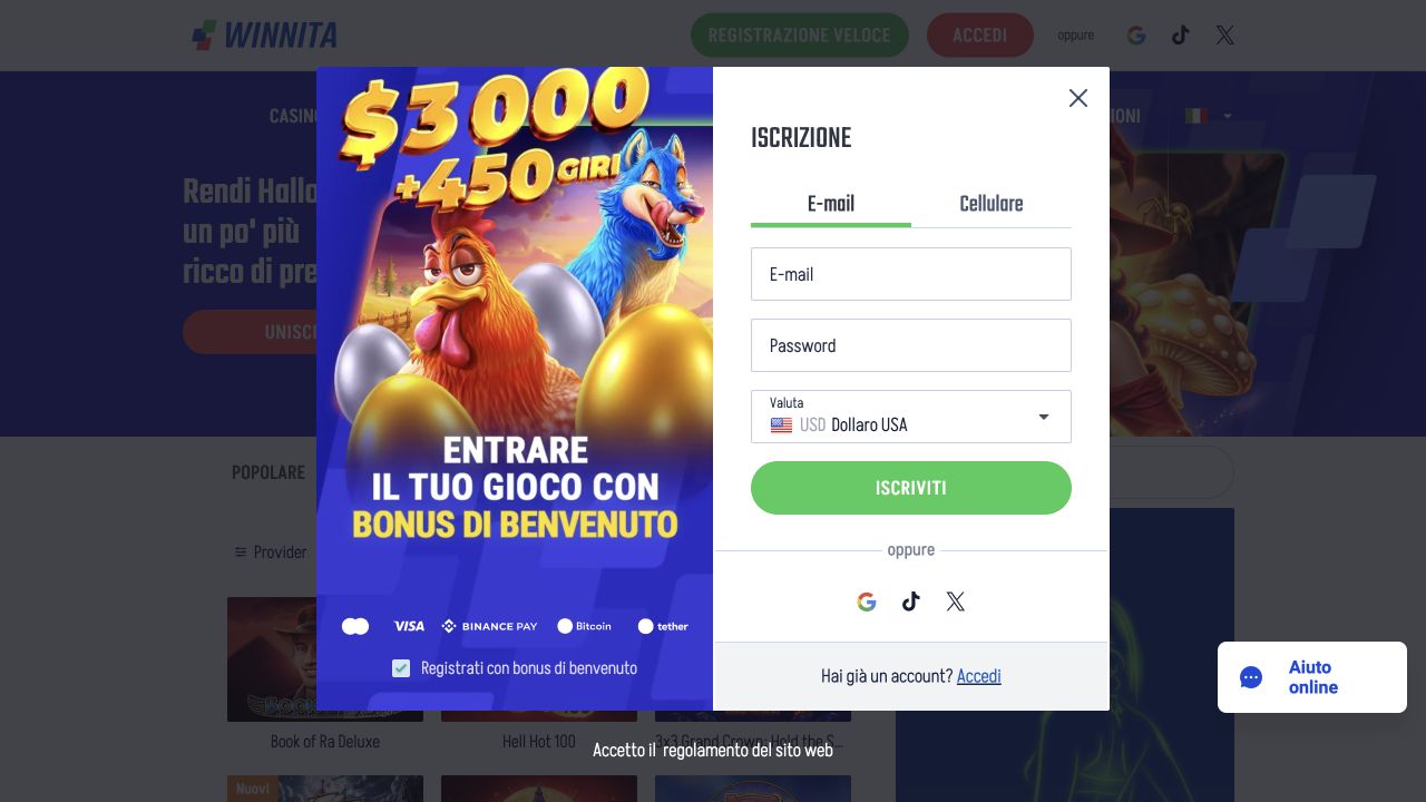Modulo di iscrizione Winnita con e-mail, password e valuta
